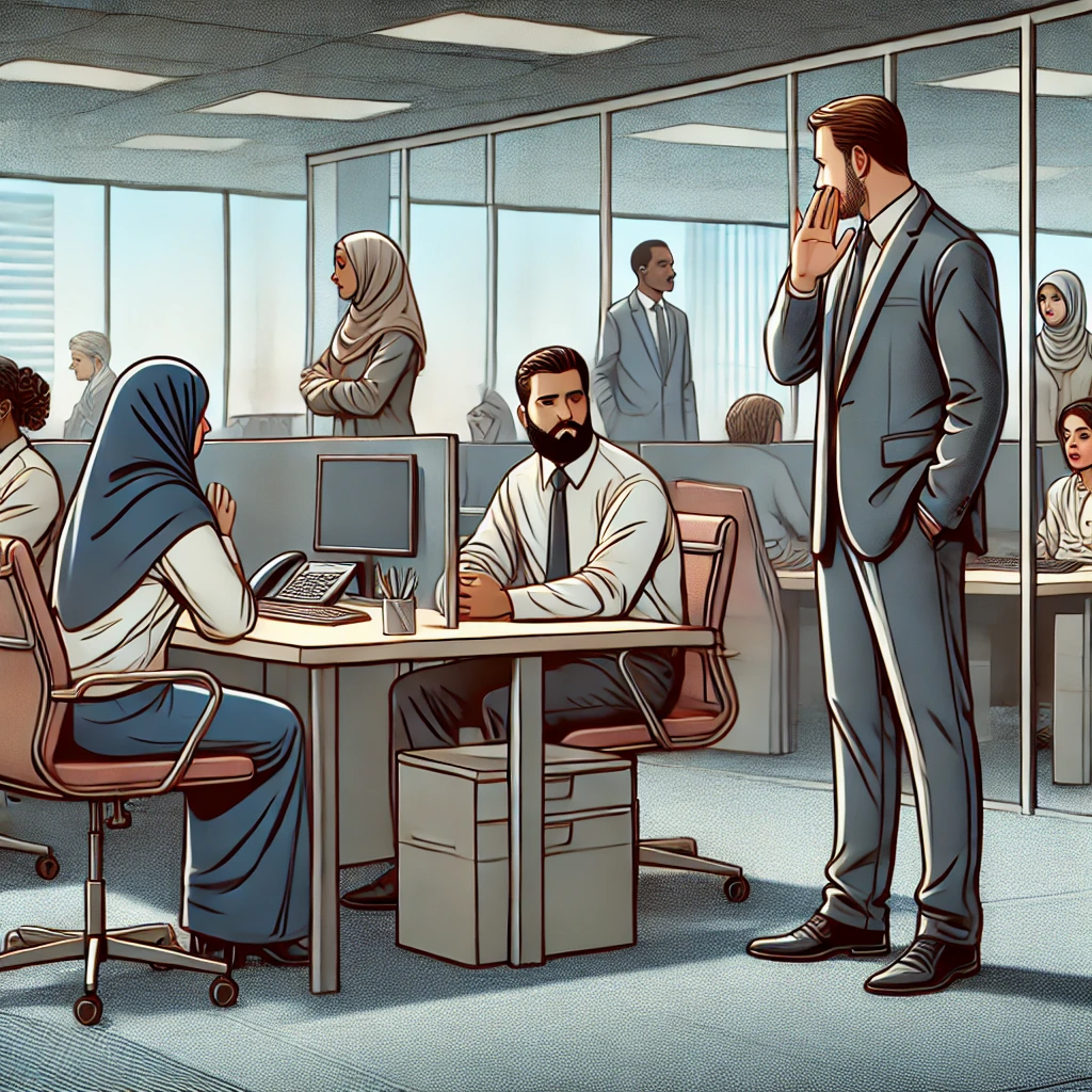 DALL·E 2024-10-20 23.26.28 - An office setting in Hyderabad where Muslim employees face discrimination. Some workers are sitting at desks looking stressed, with one person being s