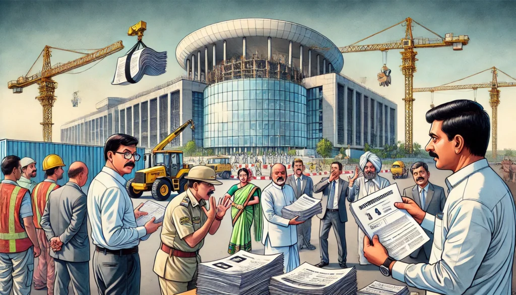 DALL·E 2024-10-20 23.53.35 - A scene showing a modern government secretariat building under construction in Telangana, with officials in the foreground looking at missing paperwor