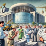 DALL·E 2024-10-20 23.53.35 - A scene showing a modern government secretariat building under construction in Telangana, with officials in the foreground looking at missing paperwor