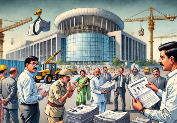 DALL·E 2024-10-20 23.53.35 - A scene showing a modern government secretariat building under construction in Telangana, with officials in the foreground looking at missing paperwor