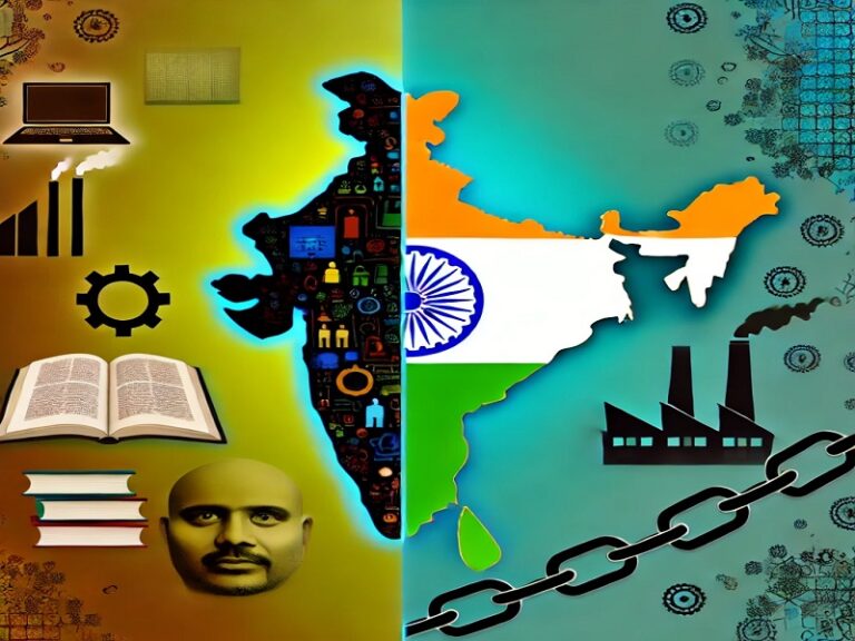 DALL·E 2024-12-06 20.15.23 - An abstract illustration depicting India as a land of contrasts, with one side showing vibrant progress through technology, education, and innovation,